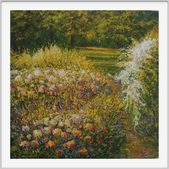 Giardino con tulipani e rose